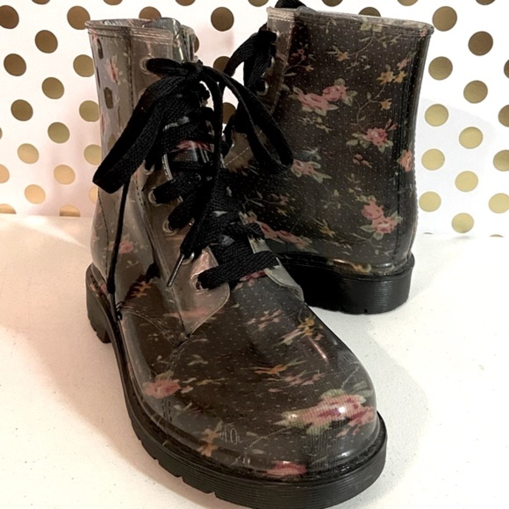 BONGO Cameroon Clear-Black Floral Grunge/Combat Vinyl Boots/Rainboots Sz 7 - Picture 2 of 7